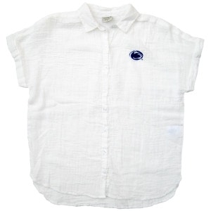 women's white weekend button shirt with Penn State Athletic Logo on left chest